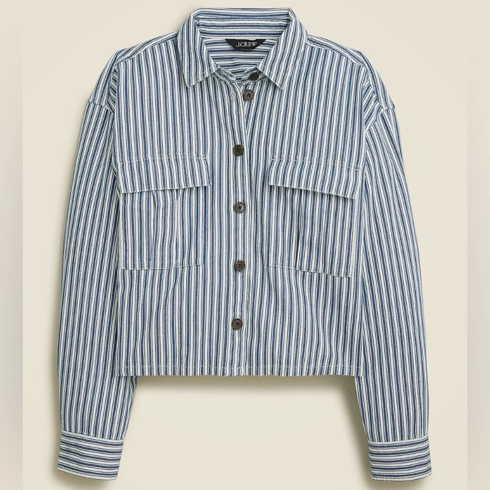 J‎ Crew Cargo Button Up Railroad Stripe Shirt Jacket M Shacket Heritage Utility
